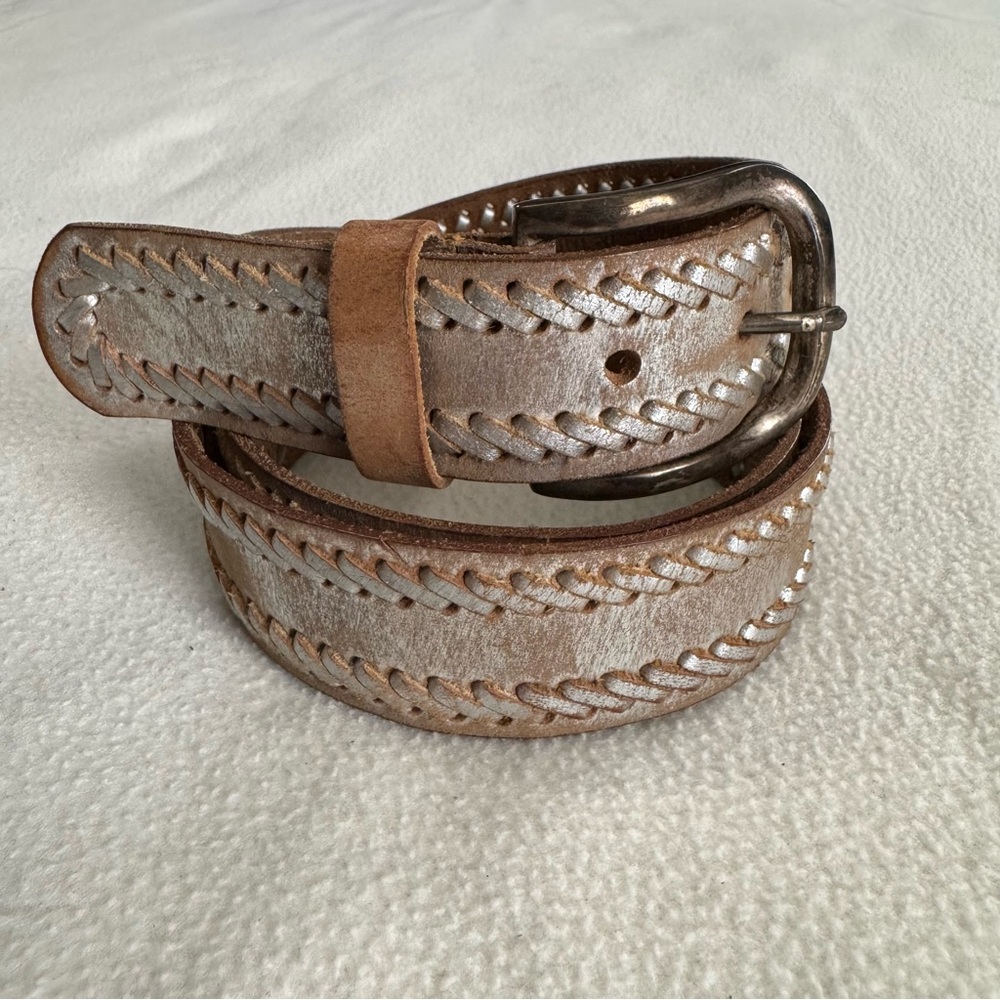 Nine West Silver Metallic Woven Genuine Leather Belt Women Size Large